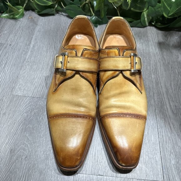 MAGNANNI Black Leather Single Monk Strap Shoes Light Brown Men\'s Size 8.5 M